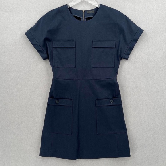 Theory Dresses & Skirts - Theory Short Sleeve Navy Blue Linen Blend Square Pockets Dress 0